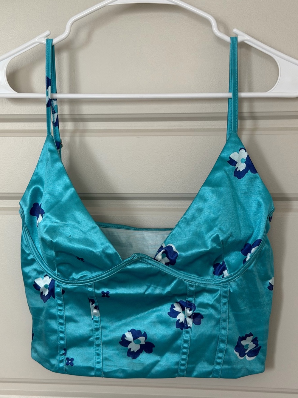 Aqua Teal Satin Floral Bustier Corset Crop Top Underwire Cami Small S